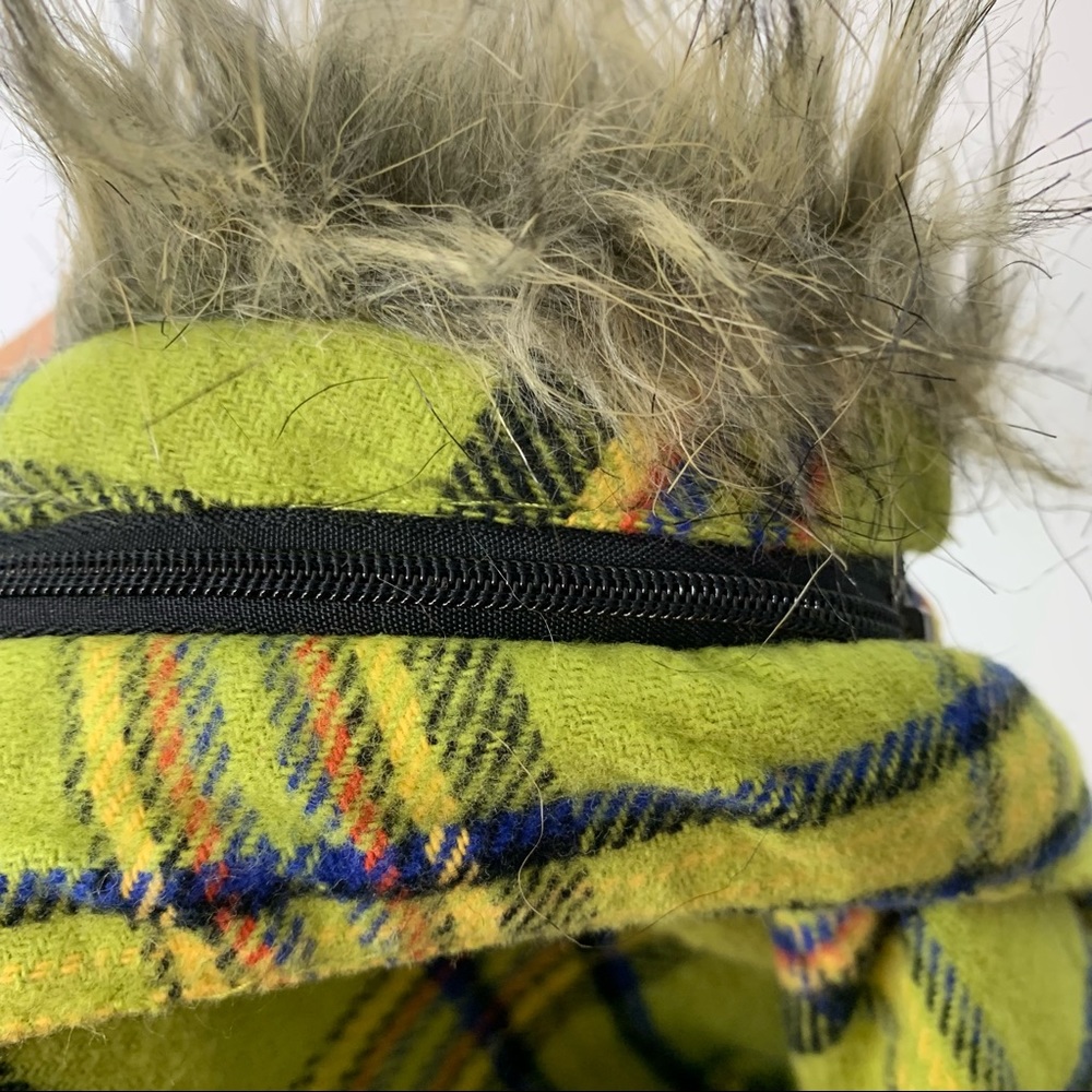 Mossimo Supply Co Retro Lime Green Blue Multi Plaid Full Zip Vest Faux Fur Hood - Picture 10 of 15